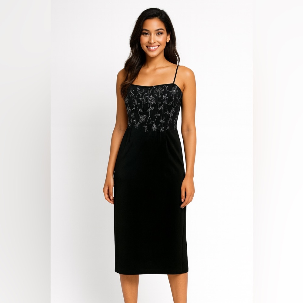 Long Black Formal with Silver flower Trim